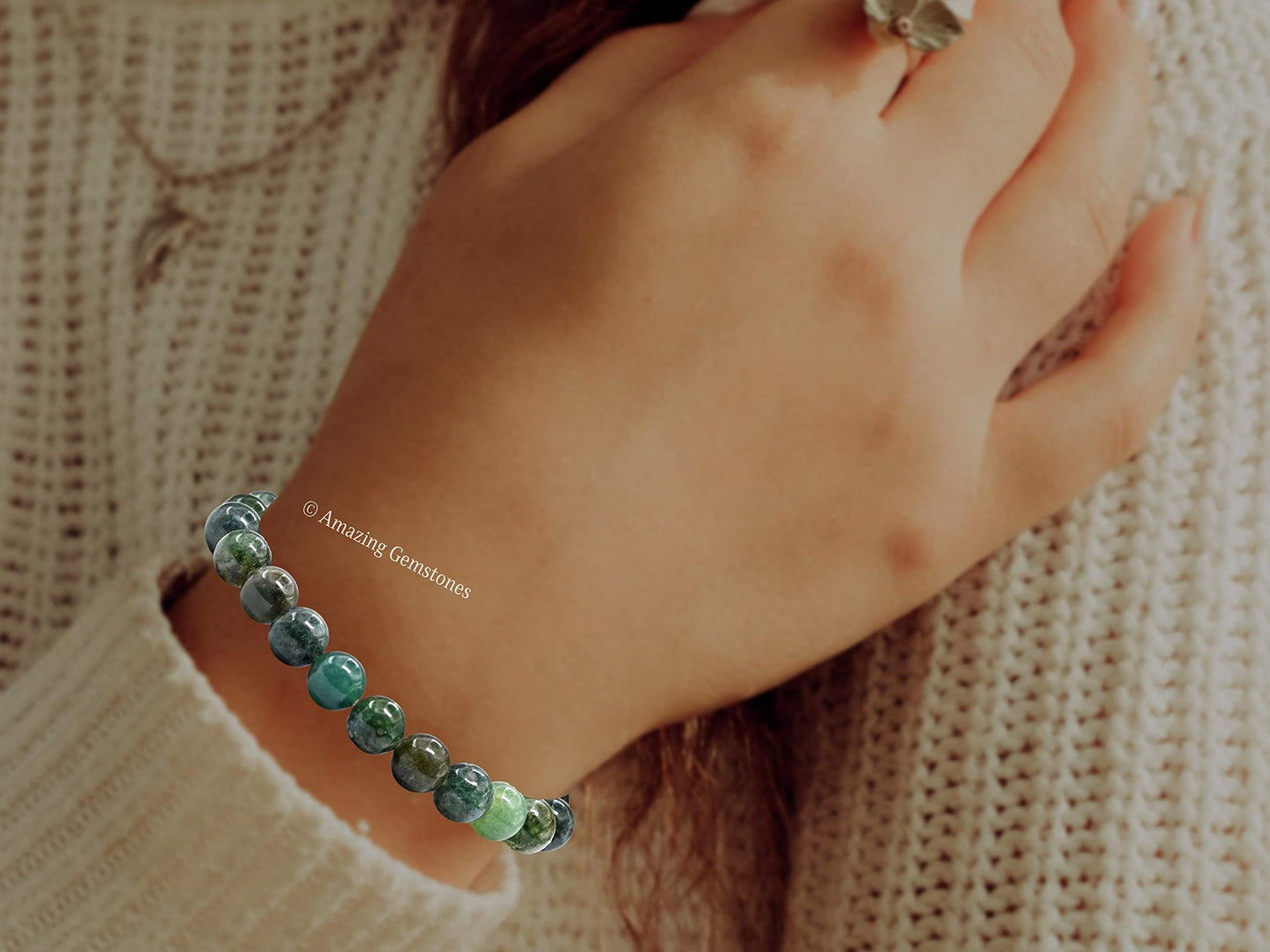 Amazing Gemstone Crystal Bracelet for Women Men's Gifts - Protection Healing Crystal Bracelet - 8mm Gemstone Beaded Stretchable Bracelet Pulseras Para Hombres Mujer Stocking Stuffers Mothers Day Gift (Moss Agate)