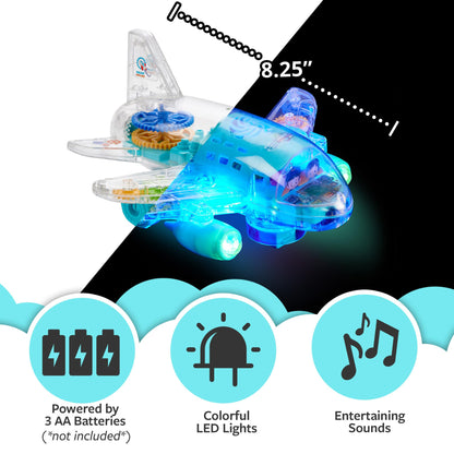 Playbees Light Up Transparent Gear Airplane Kids Bump and Go Autism Toys Colorful Moving Gears with Music and LED Effects Toddler Boy Toys Ages 3+