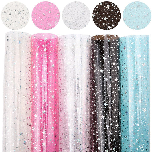 CRASPIRE 5 Colors Sparkle PVC Vinyl Fabric Sheets 7.8"x13.15" Clear Laser Star Printed Waterproof Jelly Vinyl Transparent for Hair Bows Earrings Crafts DIY Making Decorative Supplies
