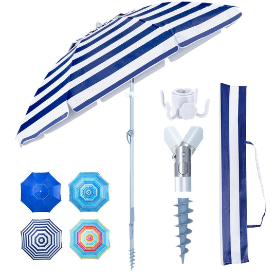 Tempera Heavy Duty High Wind Beach Umbrella with Sand Anchor & Carry Bag | Patio Outdoor Umbrella with Aluminum Frame and Push Button Tilt, Ideal for Garden Lawn, UPF 60+, Blue White Stripe