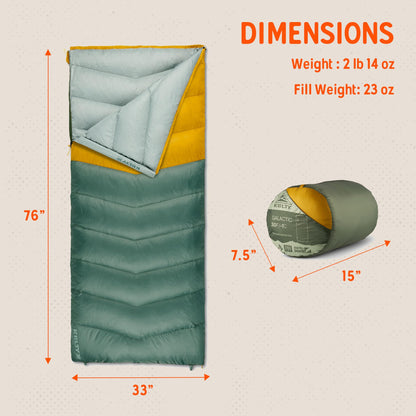 Kelty Galactic Down 30 Degree Sleeping Bag, 550 Fill Power RDS Trackable Down, Backpacking and Camping, Zip Together for 2P Sleeping Bag (Duck Green)