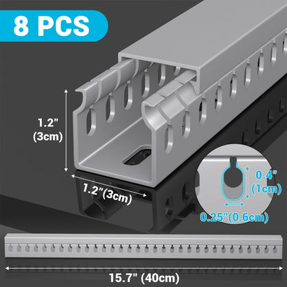 Open Slot Wire Duct Kit, 125.6"(8 x 15.7) Server Rack Cable Management, Cable Management Raceway for Hide Network HDMI VGA Cable, Wiring Raceway Cable Duct, Desk Wire Channel, 8 Pack, Grey