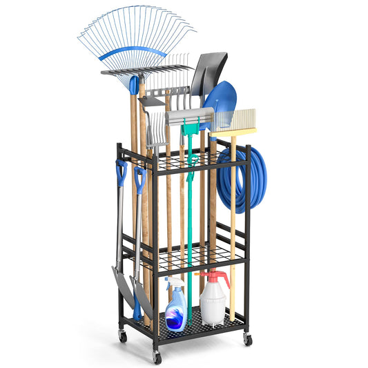 DAOUTIME Garden Organizer With Wheels, Yard Tower Rack for Garage Storage, Up to 35 Long-Handled Tools, Sturdy Metal Steel Holder With 3 Hooks, Outdoor, Black
