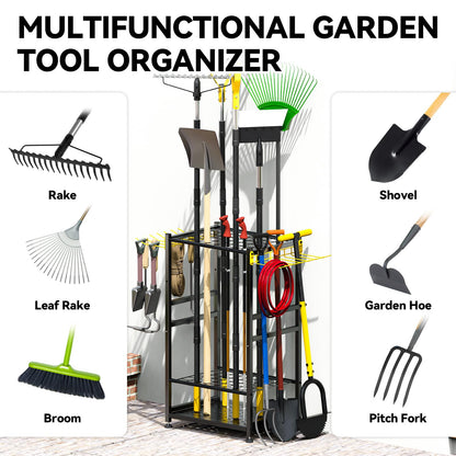 BlumeTrec Garden Tool Organizer, Up 48 Long Handle Tool, Garage Storage and Organization with Side Hook for Broom/Rake/Shovel/T-Handle Tool, Heavy Duty Steel Outdoor Tool Rack,Yard Tool Stand for Shed