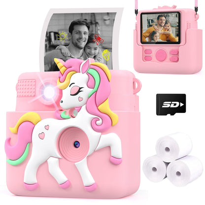 Kids Camera Instant Print with Silicone Cover, Creative Gifts for Girls Age 4-12 Birthday Christmas, 1080P Digital Camera Toy with Memory Card - Pink