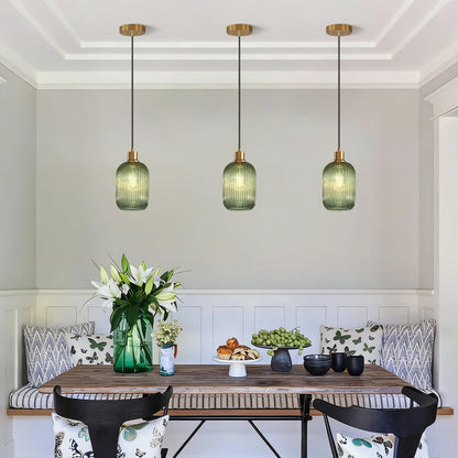 2 Pack Pendant Lights with Vintage Green Ribbed Glass Lampshade, Adjustable Brushed Gold Pendant Lights Fixtures for Kitchen Island Lighting Sink, Dining & Living Room Hallway (Bulbs Not Included)