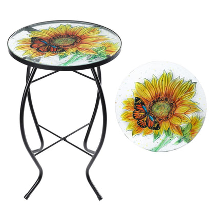 VCUTEKA Patio Side Table Outdoor Accent Table Bistro Coffee Table Plant End Table Small Porch Table Indoor Round Glass Balcony Plant Table Stands Sunflower 14''