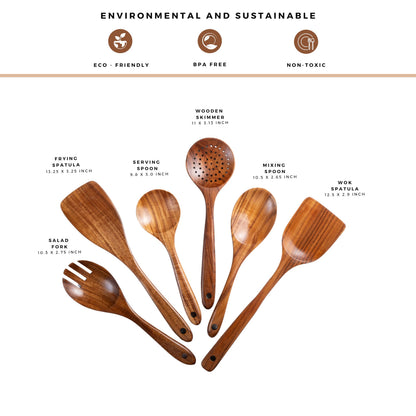 New Kitchen 6 Piece Non Toxic Wooden Spoons for Cooking - Smooth Finish Teak Kitchen Utensils Set - Non-Stick Wooden Spatula Perfect for Pasta, Mixing and Kitchen Essential and Gift