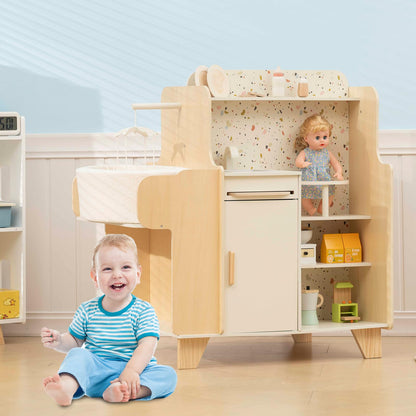 Wooden Baby Doll Crib, 4-in-1 Wooden Baby Care Playset with Cradle, Montessori Role Play Toy for Kids Ages 3-9，Kitchen Playset & Play Kitchen Toy Set, Gift for Boys & Girls