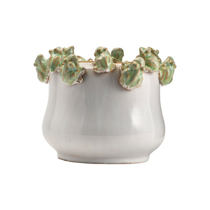 Creative Co-Op Stoneware Planter with Frogs on Rim and Reactive Glaze, Green and White