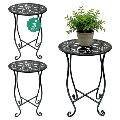 Arbuxzuy 3 Packs 17" Tall Round Metal Outdoor Side Tables for Patio, Decorative Black Flower Pot Stand, Rustproof Potted Holder, 120 lbs Load Capacity