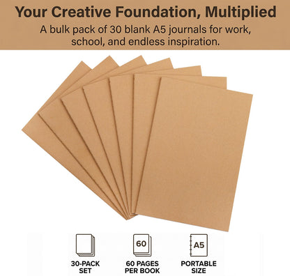 Nicunom 30 Pack A5 Kraft Notebooks, Bulk Blank Journals for Kids, Travel Journal Unlined Sketchbooks Memo Diary Planner for Office Classroom Supplies, 60 Pages, 8.3x5.5 inch
