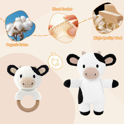 okegztoa 10" Handmade Crochet Cow Stuffed Animal, Baby-Safe Cotton Plush with Rattle, Hypoallergenic Toy for Newborns 0-12 Months, Ideal Baby Shower & 1st Birthday Gift