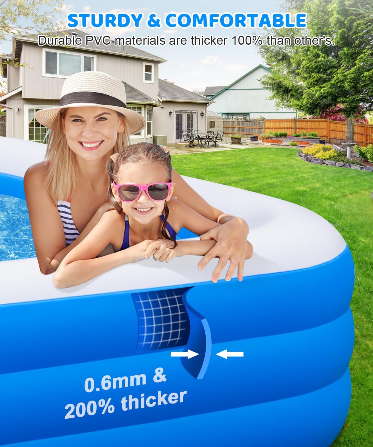 Extra Large Inflatable Swimming Pool - 145" X 74" X 22" Oversized Thickened Blow Up Pool for Kids and Adult, Kiddie Pool for Backyard, Easy Setup & Portable