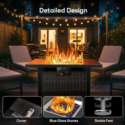 28 Inch Outdoor Propane Fire Pit Table, 50000 BTU Square Rattan Propane Fire Pit with Steel Tabletop & Removable Lid, 4-in-1 Gas FirePit Table with Glass Stones for Patio, Backyard