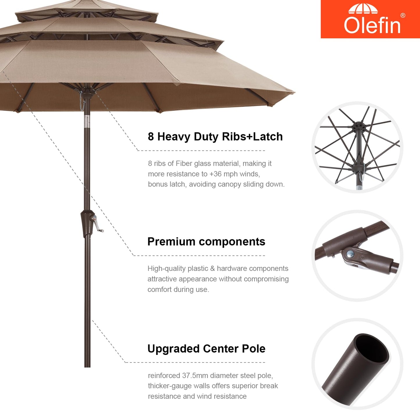 MASTERCANOPY 9ft 3-Tier Olefin Patio Umbrella with Tilt Crank, 5-Year-Non-Fading Canopy & 8 Fiberglass Ribs for Deck, Patio, and Garden, Light Brown