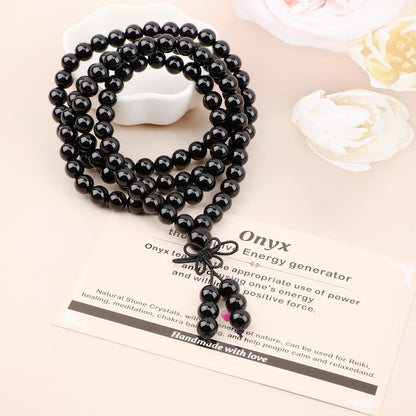 AD Beads 8mm 108 Prayer Mala Onyx Elastic Bracelet - Positive Energy Generator - Handmade Yoga Meditation Healing Power Energy Gifts for Unisex Adult.