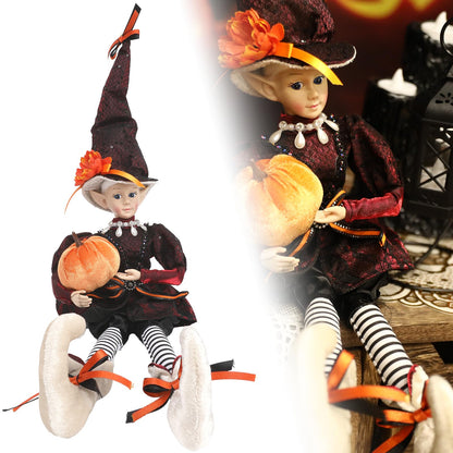 brableewear Halloween Fairy Elf Doll Posable Witch Sitting Doll Cute Elf Girl Holding Pumpkin Figurines Mantel Ornaments Home Decor