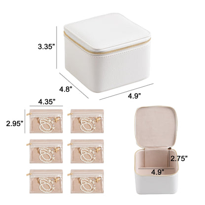 Frebeauty Small Travel Jewelry Box,Travel Jewelry Case with 6 Pouch Bags,Portable Travel Jewelry Organizer,Mini Jewelry Storage,3.35 x 4.9 x 4.8 Inches,Gift Idea for Women Girls (White)