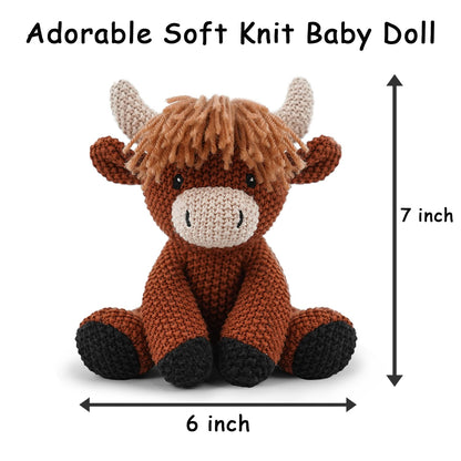 3Pcs Easter Stuffed Animals Toys for Girls 7-8 Inch Cute White Bunny Plush, Cuddly Highland Cattle Toy and Soft Crochet Lion Knitted Cotton Baby Plush Toy Gift for Kids and Newborns, Christmas