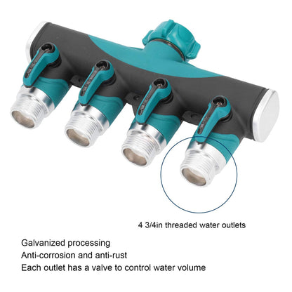 4 Way Garden Hose Splitter, 3/4 Inch Heavy Duty Metal Hose Connector with On Off Valves Water Hose Manifold Hose Spigot Adapter for Drip Irrigation
