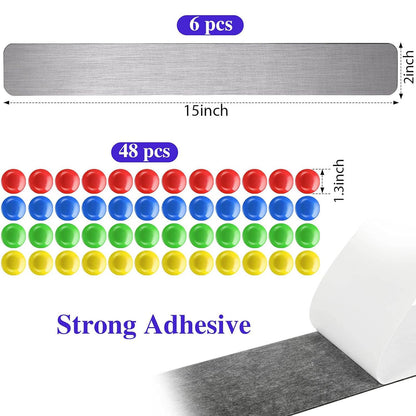 6 Pcs 15" x 2" Magnetic Display Board Souvenir Bulletin Board Strip Set with 48 Pcs Colorful Magnet for Office Home Wall Display Notes, Photos(Silver)