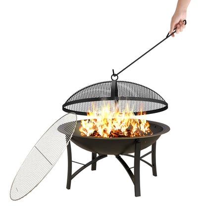 Fire Beauty Fire Pit for Outside Wood Burning,BBQ Grill Steel Fire Bowl with Cooking Grate,Spark Screen Cover,Log Grate,Poker for Camping Beach Bonfire Picnic Backyard Garden