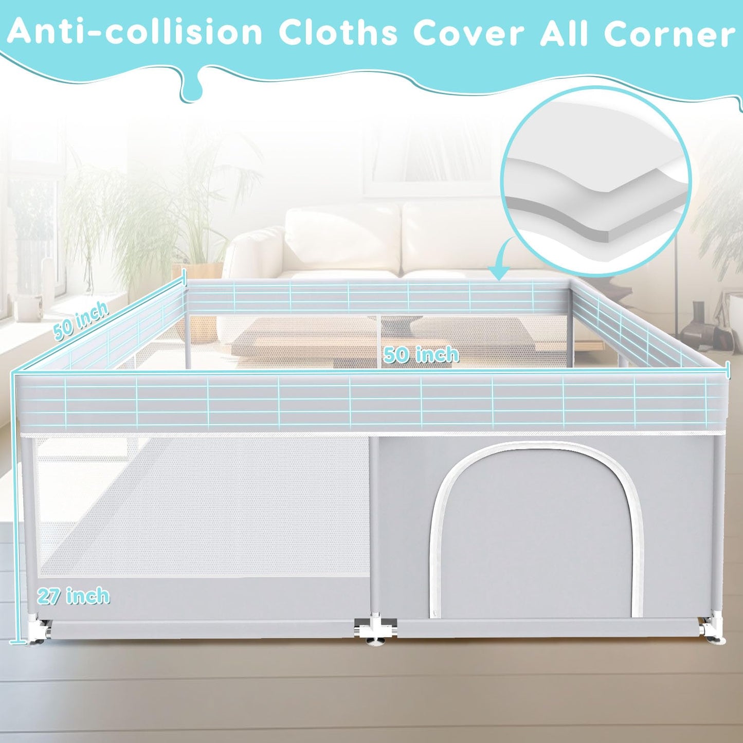 Fshibila Baby Playpen, 50x50 Inch Baby Playard for Babies and Toddlers, Play Pens for Indoor & Outdoor, Sturdy Safety Play Yard with Soft Breathable Mesh, Anti-Fall, Grey