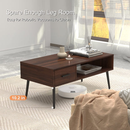 HAIOOU Coffee Table, Mid Century Modern Center Table for Living Room with Storage, Walnut Tea Table with Drawer, Open Storage Shelf, Floor-Anti-Scratching Pine Leg for Home, Office(Dark Brown)