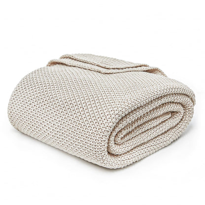 Joydeco Chunky Cable Knit Throw Blanket, Lightweight 100% Organic Cotton Soft Cozy Throw Twin Blanket for Couch Bed and Sofa, Rustic Breathable Farmhouse Blanket Gift for Women Men(Beige, 51"x63")