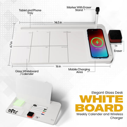 NEXTLUXE Glass Desk Whiteboard with Wireless Charger - Desktop Whiteboard with Storage, Weekly Planner, Dry Erase Pad, Organizer Drawer for Home, School, Office Gadgets – White