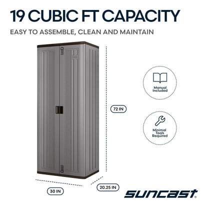 Suncast Tall Storage Cabinet, Platinum Resin Garage Storage Cabinet with Doors & Shelves, Plastic, Lockable, Freestanding Utility Closet for Tools & Supplies, Made in USA