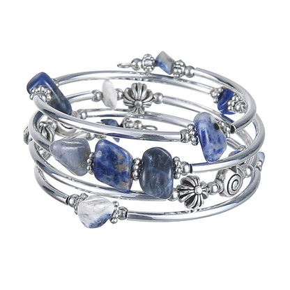FULU AUTUMN Stone Silver Bangle Wrap Bracelet Boho Turquoise Crystal Chips Bead Bracelets Fashion Jewelry Birthday Gifts for Women(19-Blue)