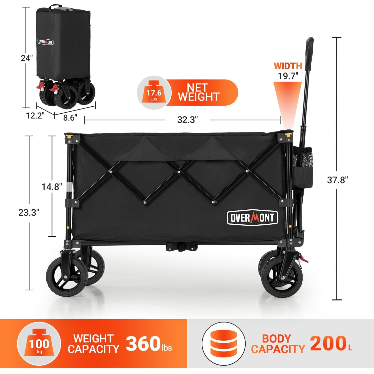Overmont Ultra-Compact Collapsible Wagon Cart -200L Portable Folding Wagon with All-Terrain Wheels Utility for Beach, Grocery Shopping, Camping, and Gardening – 360lbs Load Capacity Black