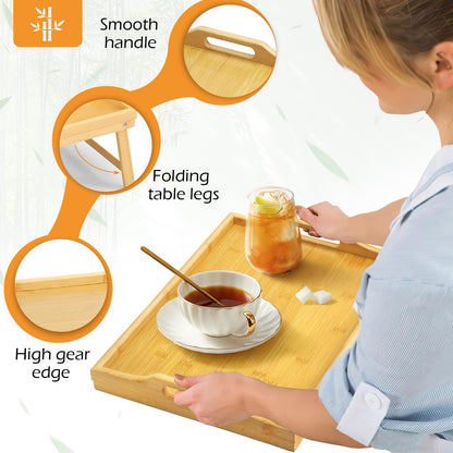 Bamboo Bed Tray Table, Folding Legs and Handles, Breakfast Tray, Laptop Desk for Bed or Sofa, Serving Tray for Eating, Working, Reading,Picnic