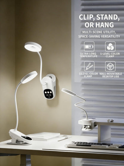 Wireless Clip on LED Desk Lamp, 1800mAh Rechargeable Eye-Caring Bedside Reading Light with Clock & Timer, 3 Color Temperatures 360° Rotatable for Dorm Room Home Office Camping Blackout (White)