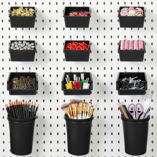 Ckhoid 12 Pcs Pegboard Bins and Cups with Hooks & Loops, Peg Board Organizer Accessories Assortment Kit, Various Tools Storage for 1/8“ and 1/4” Pegboard Garage Craft Workshop Workbench Office Hobby