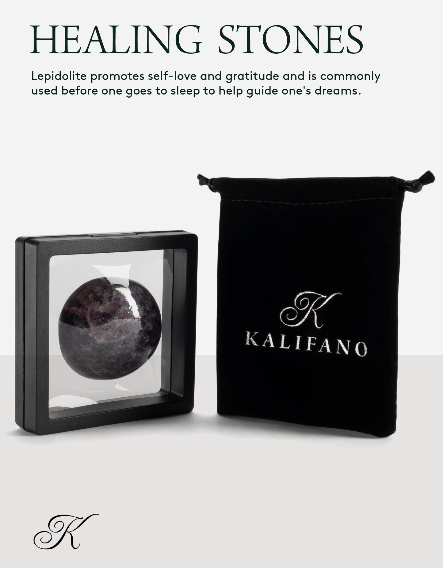 KALIFANO Lepidolite Palm Stone with Healing & Calming Effects - High Energy Reiki Worry Crystal Used for Soothing Anxiety and Stability (Information Card Included)