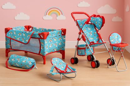 Fash n kolor® 4 Piece Doll Play Set, Doll Accessories Gift, Toy Set -Unicorn Design Includes, Doll Foldable Bed, Doll Stroller, Doll High Chair and Doll Seat, Dolls Gift Set (4 Piece Set)