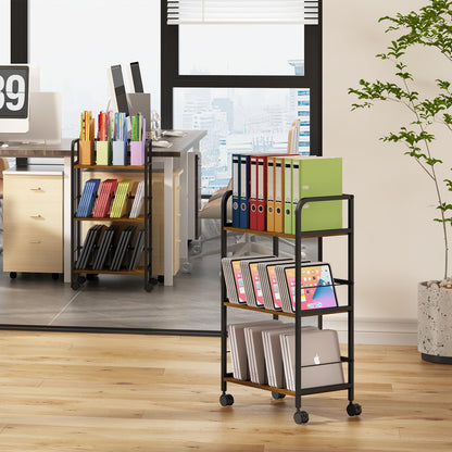 Feyejade Rolling Book Cart with Removable Dividers, 3-Tier File Cart with Wheels, Utility Storage Rack for Office, Home, Classroom, Art Supply Organizer, Binder and Laptop Shelf Rack