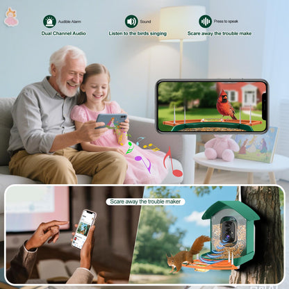 Bird Feeder with Camera,WiFi Smart Bird House with Cam Solar Powered for Outdoor,AI Identify,App Notification,Night Vision,2K Live View,Auto Record Video,Birdwatching Gifts for Family,Birds Lover