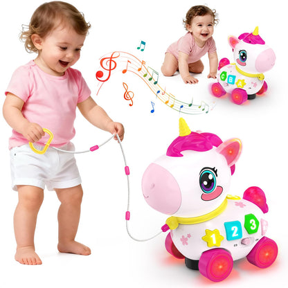 Bilingual Musical Crawling Toy for 1 Year Old Girl Gifts,Musical Unicorn Toys for Baby 6-12 Months,Baby Toys 6-12-18 Months,Toddler Educational Toy,Birthday Gifts with Music Light,Baby