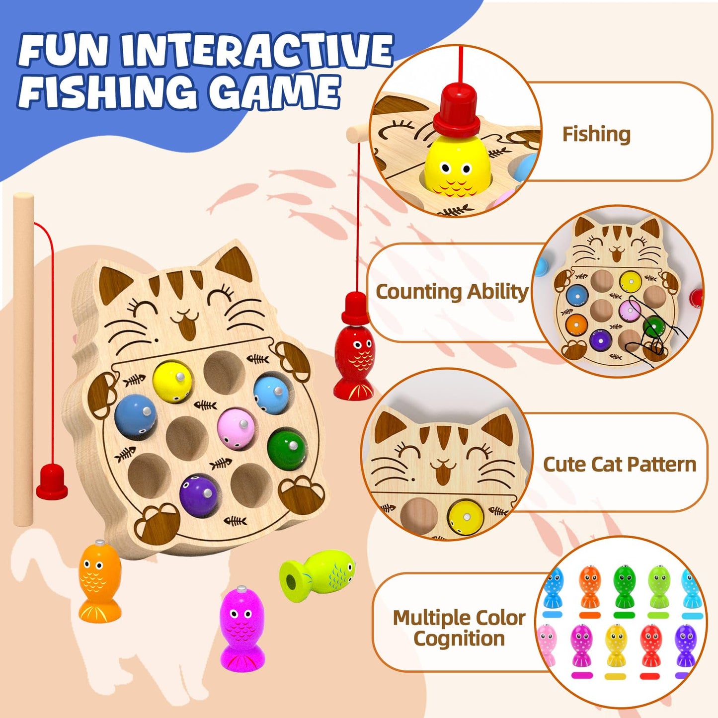 edutree Wooden Magnetic Fishing Game for Toddlers 2-4, Montessori Sensory Busy Board Educational Learning Fine Motor Skills Toys for 2 3 4 Years Old Boys Girls