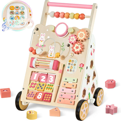 Baby Push Walker, Wooden Baby Walker with Wheels, Montessori Activity Center for 1 2 3 Years Old Boys Girls, Adjustable Speed & Height Push Toy for Toddler Learning to Walk, Kids Development Gift