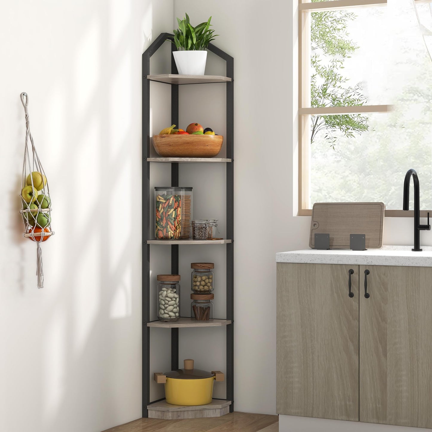 Fun Memories 5 Tier Corner Shelf, 70” Corner Shelf Stand, Corner Bookshelf Plant Stand, Storage Shelf for Bathroom, Living Room, Kitchen,Grey Home Office, Grey