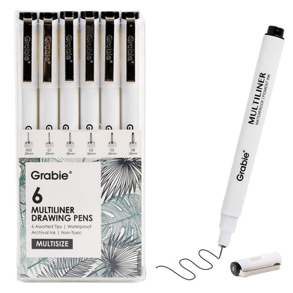 Grabie Micro Finerliner Pens, 6 Archival Black Ink Waterproof Drawing Pens, Assorted Point Sizes for Sketching, Illustration, Journaling, Art Supplies
