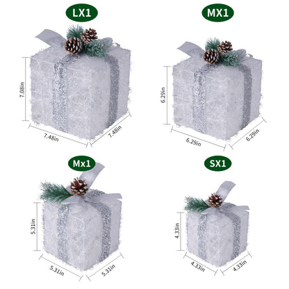 COVFEVER Set of 4 Christmas Lighted Gift Boxes, Pre-lit Light up Present Set with Different Sizes for Holiday Indoor Outdoor Decorations - Battery Operated(Warm White)