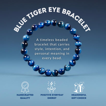 Cherry Tree Collection – Handmade Crystal Beaded Stretch Bracelets with Jade Blue Tiger's Eye for Women & Men - 8mm Round Gemstone for Protection, Balance & Luck, Small