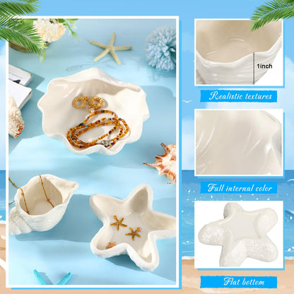 Teenyyou 3 Pcs Ceramic Conch Shell Jewelry Dish Tray Ear Ring Holder Jewelry Plate Key Bowl for Room Vanity Decor Accessory(White)