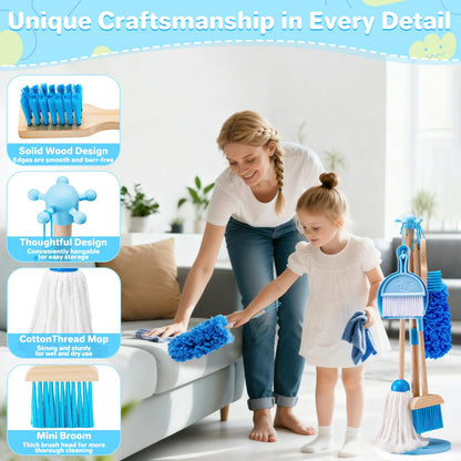 WHOHOLL 9 Pcs Wooden Kids Cleaning Toy Set, Cleaning Toys for Toddlers 3-6, Housekeeping Play Set Includes Broom Mop Duster Dustpan Sponge and Organizing Stand, Christmas Birthday Gifts for Boys Girls